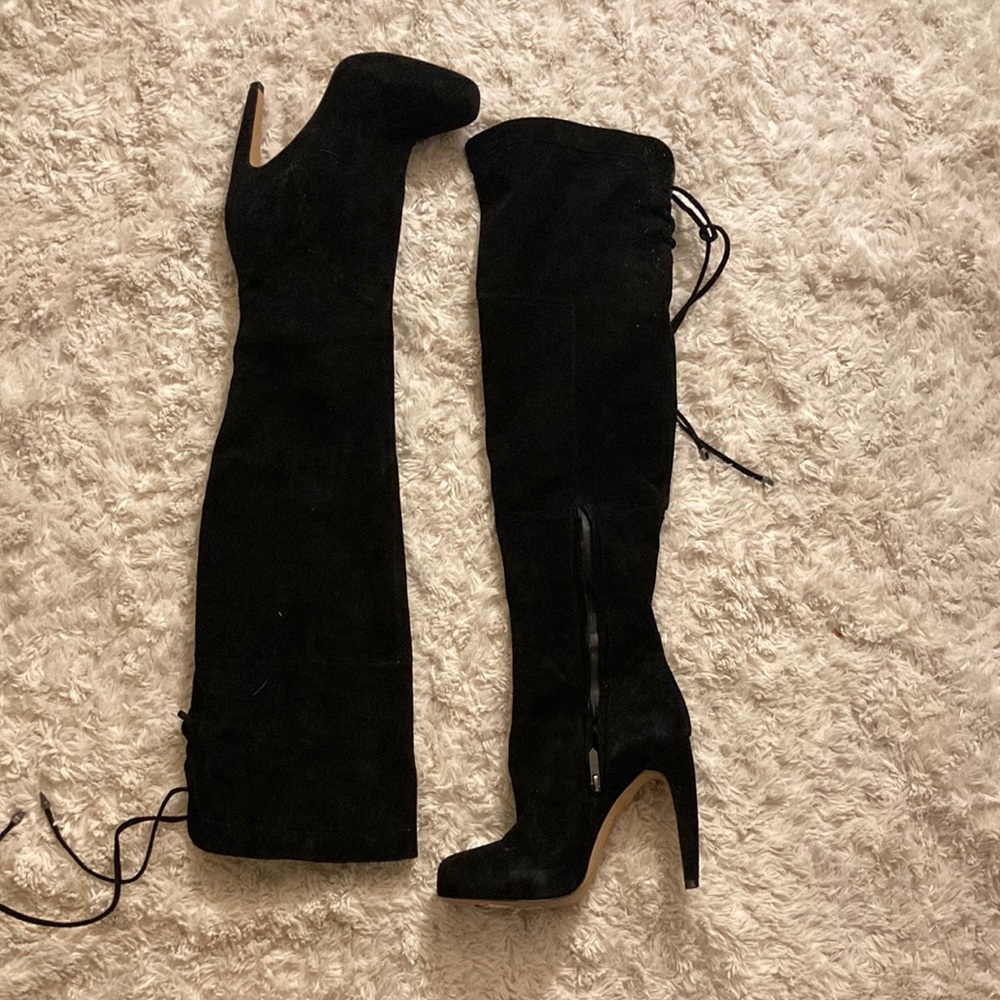 Sam Edelman Suede Black Leather Thigh High Stiletto Boots Sz 8